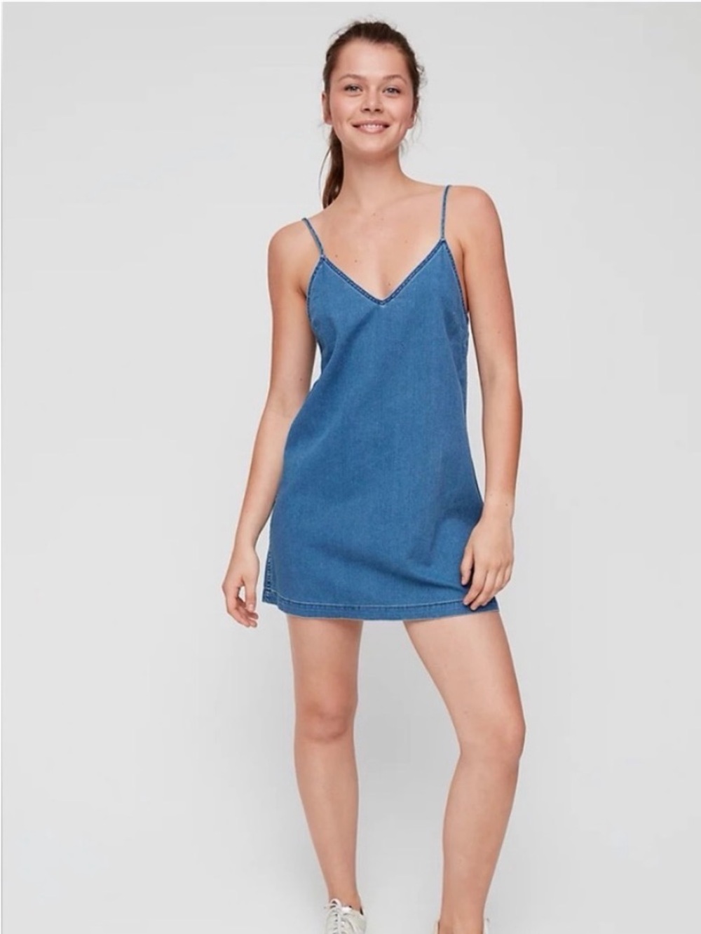 Aritzia Wilfred Free Blue Denim Mini Dress - Spaghetti Straps V-Neck